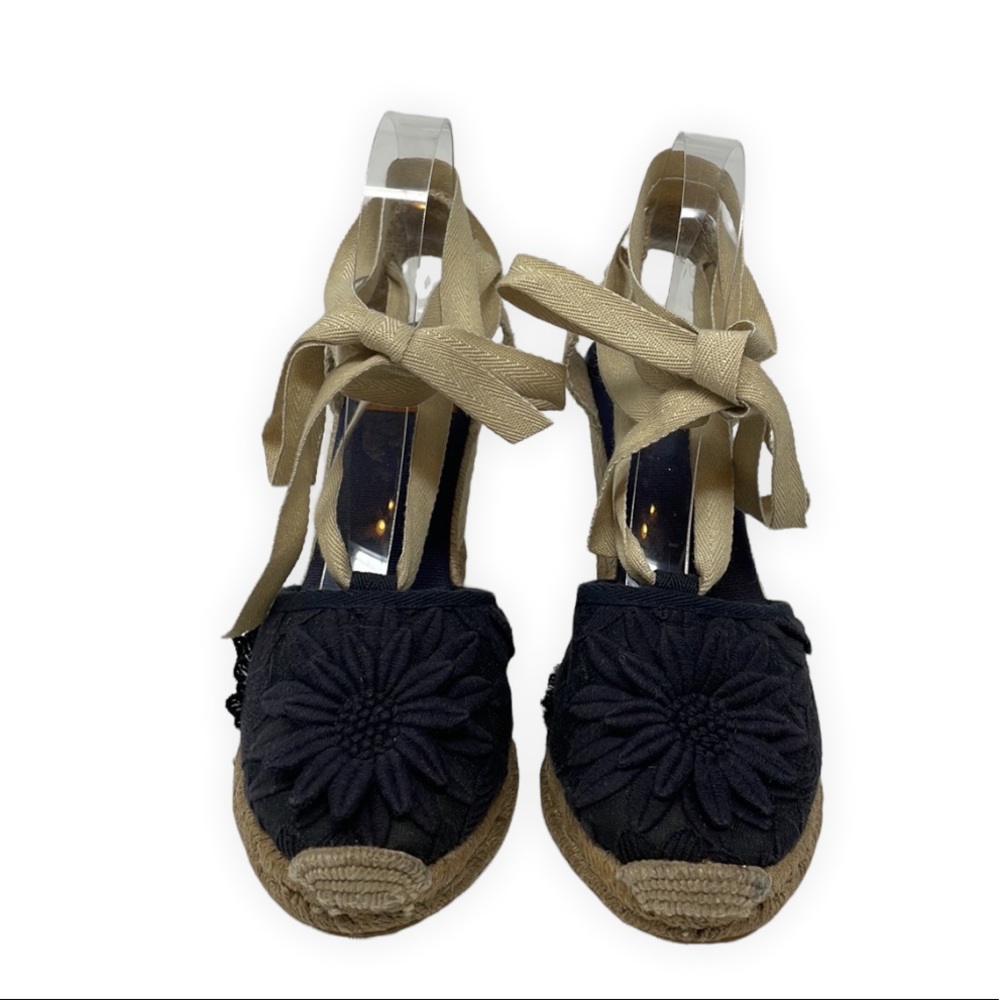 Tory Burch Wrap Ankle Wedge Espadrilles Lace Toe Navy Blue Tan_10.5 - Picture 2 of 6